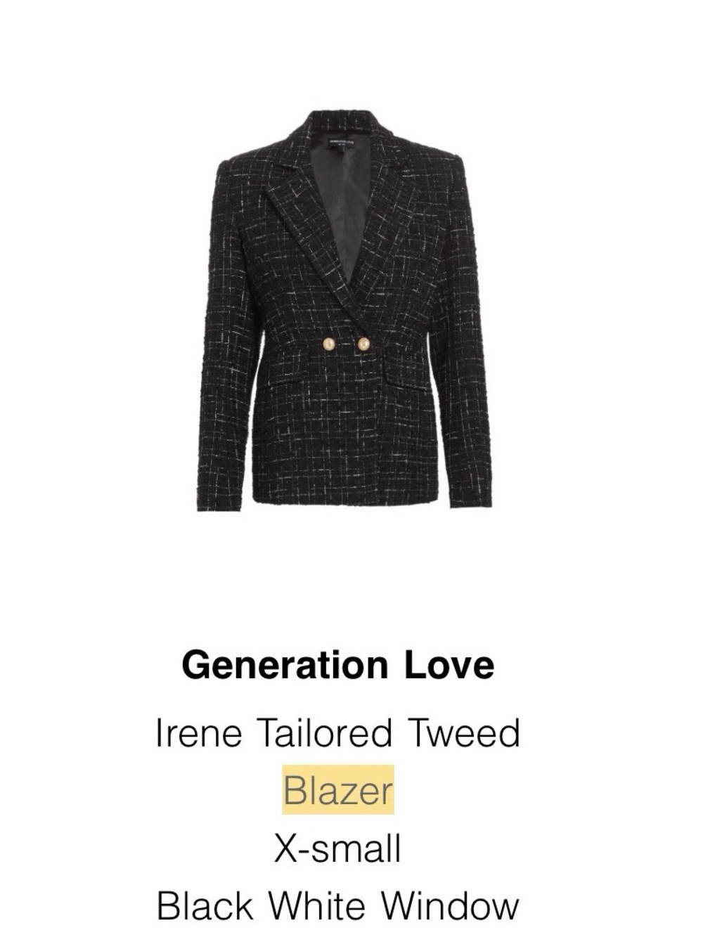 Generation Love Black & White Tweed Double-Button Blazer